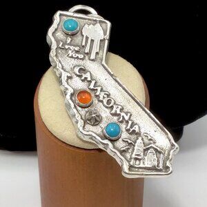 Sterling Silver California Pendant Turquoise Coral Native American 37 Gms 3”